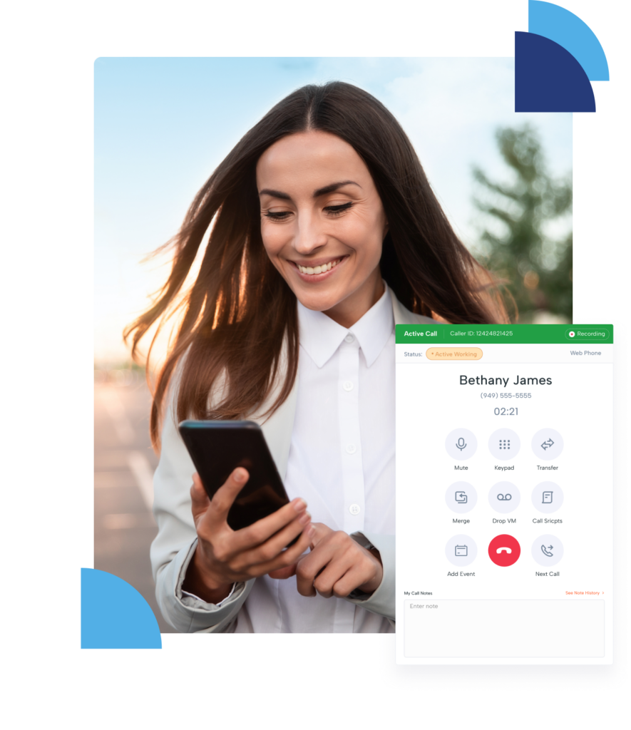 Mortgage CRM dashboard displaying call and text options for client communication