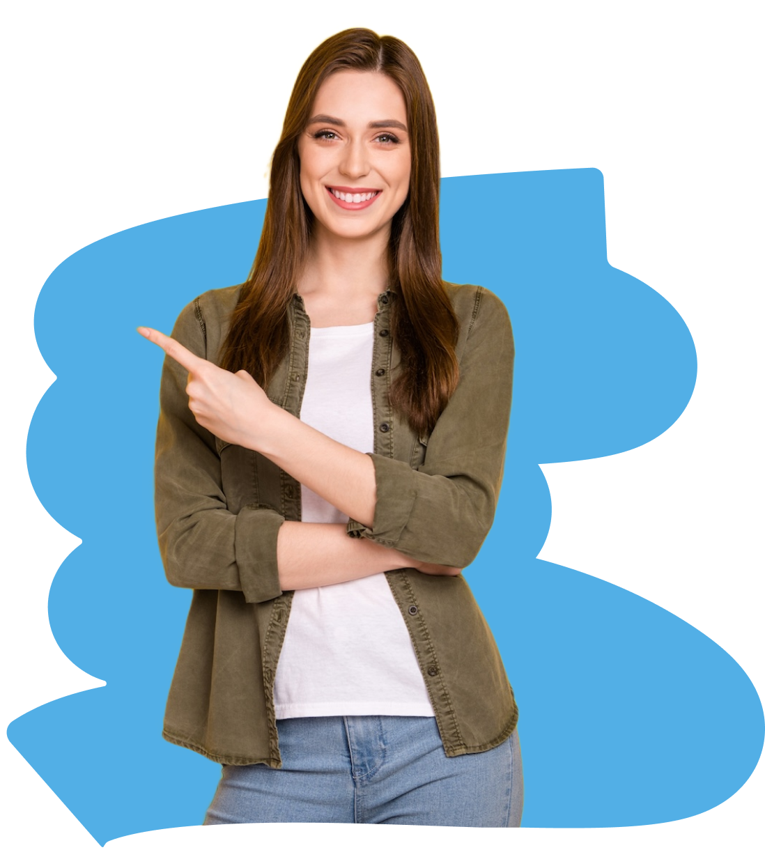 Confident woman pointing with her finger against a solid blue backdrop