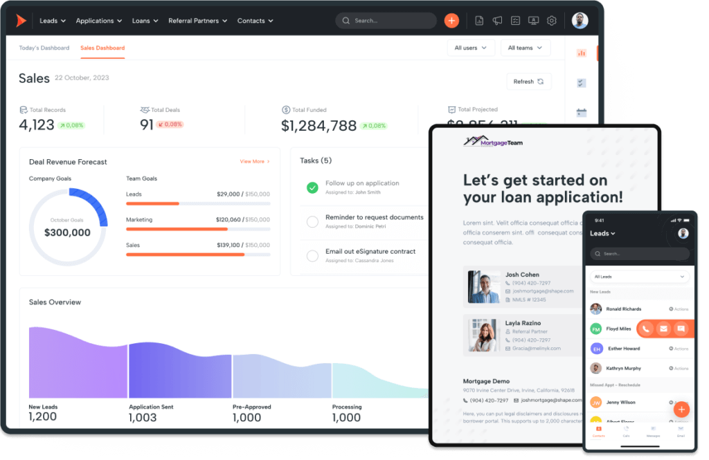 Shape Mortgage CRM dashboard with features for managing loans and customer relationships
